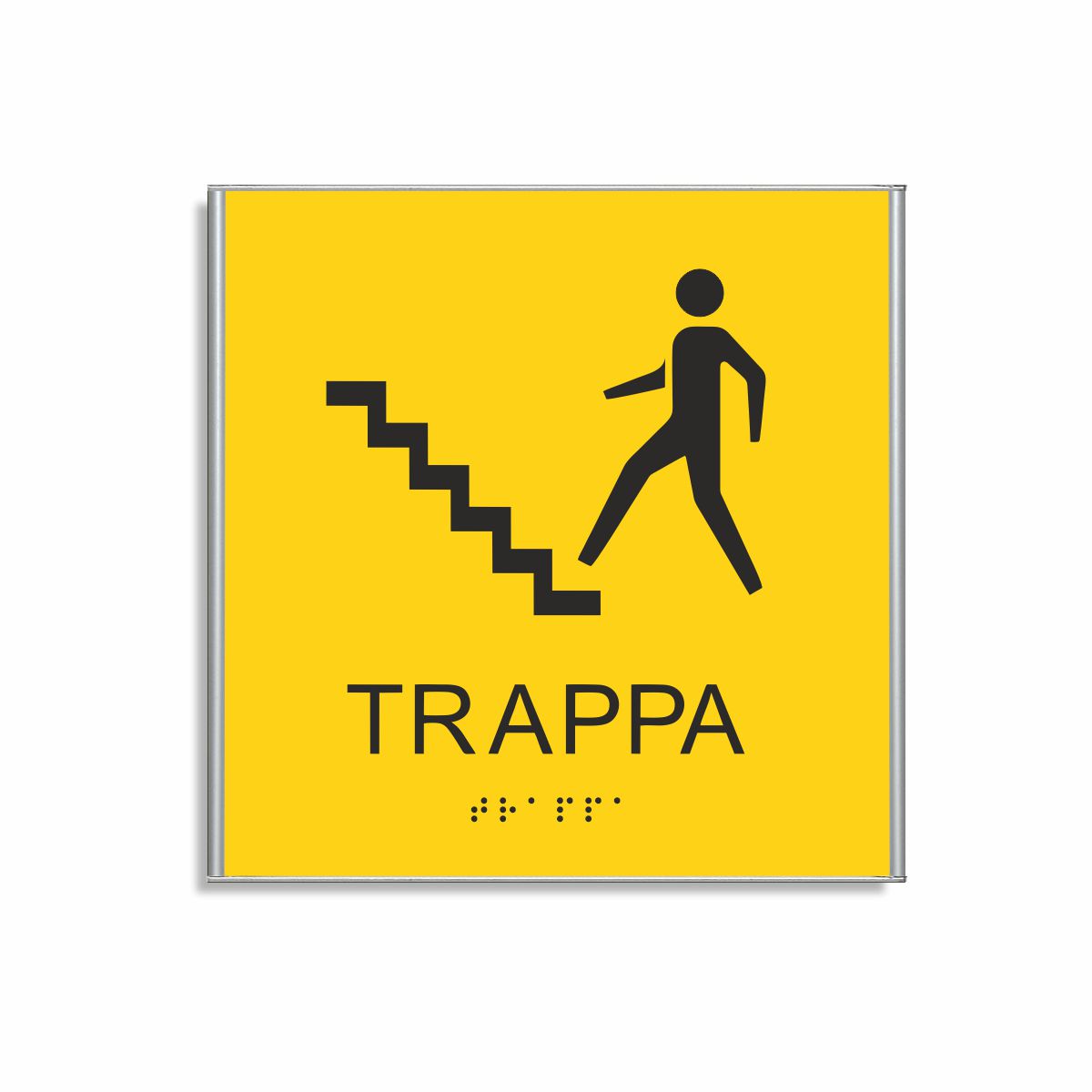Gul och svart skylt för trappa i storlek 150 x 150 mm med en tunn aluminiumram, med piktogram av en person som går uppför en trappa, texten trappa står under symbolen och punktskrift längst ned