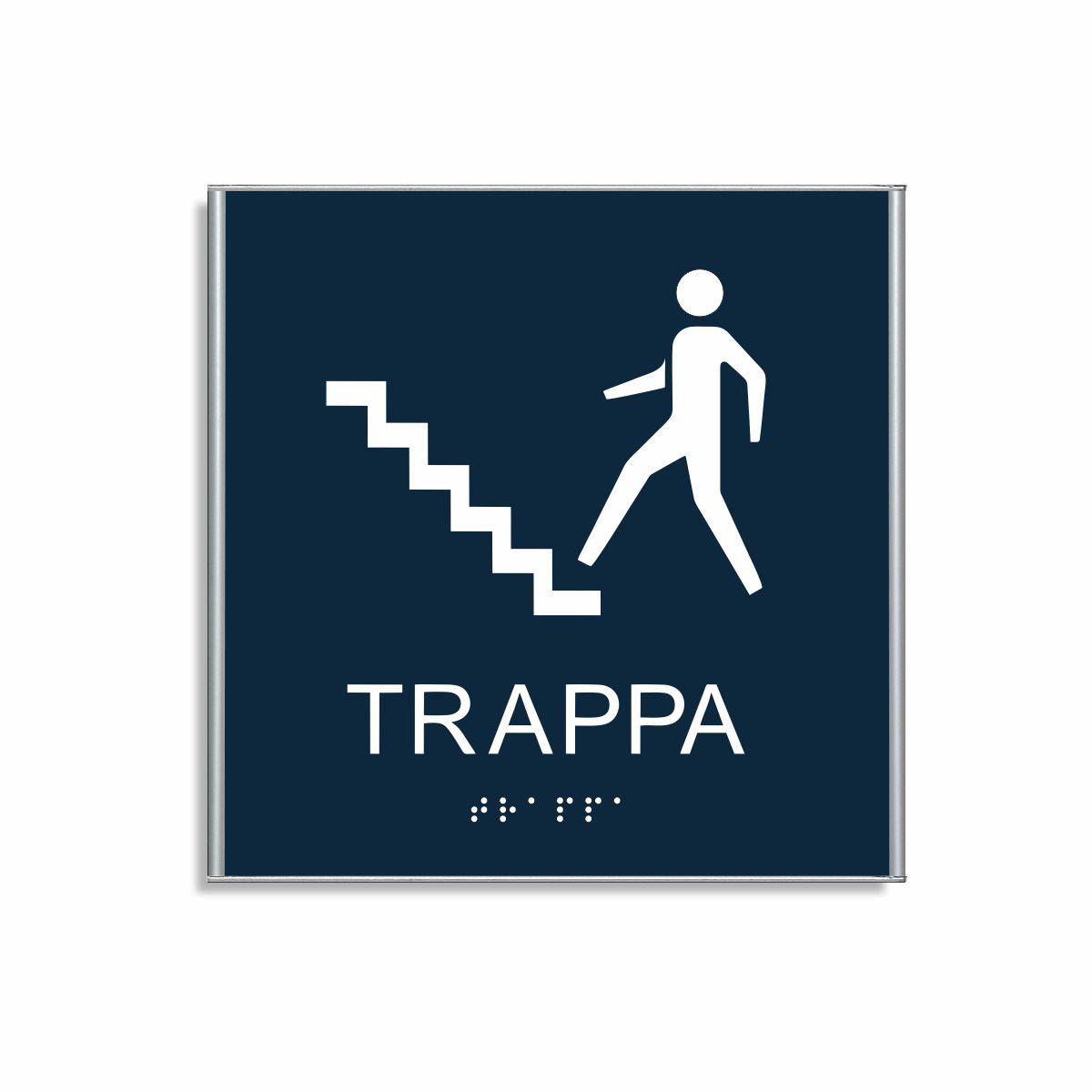 Mörkblå och vit skylt för trappa i storlek 150 x 150 mm med en tunn aluminiumram, med piktogram av en person som går uppför en trappa, texten trappa står under symbolen och punktskrift längst ned