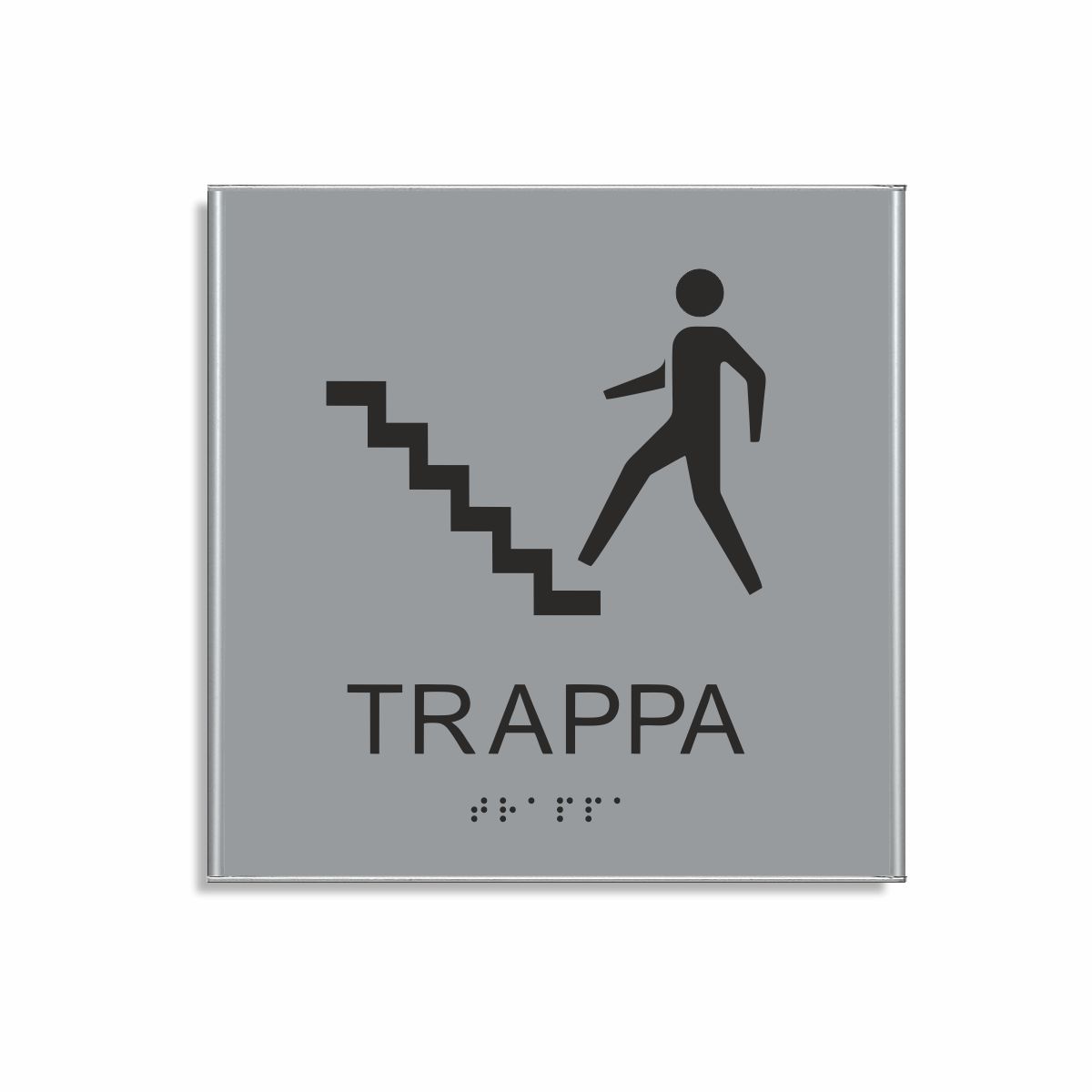 Silvergrå och svart skylt för trappa i storlek 150 x 150 mm med en tunn aluminiumram, med piktogram av en person som går uppför en trappa, texten trappa står under symbolen och punktskrift längst ned